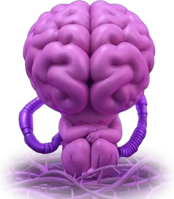 1071: a small pink homunculus hugging its knees under a huge brain, ribbed violet cables to a thorn floor